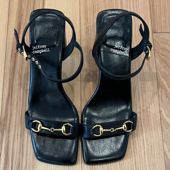 Jeffrey Campbell Shoes - Jeffrey Campbell Black Leather Ankle-Strap Heels with Gold Hardware